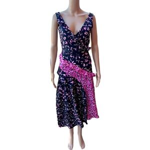 Saloni Aggie Silk Floral Ruffle Midi Dress V-neck Asymmetrical Sleeveless Sz 2